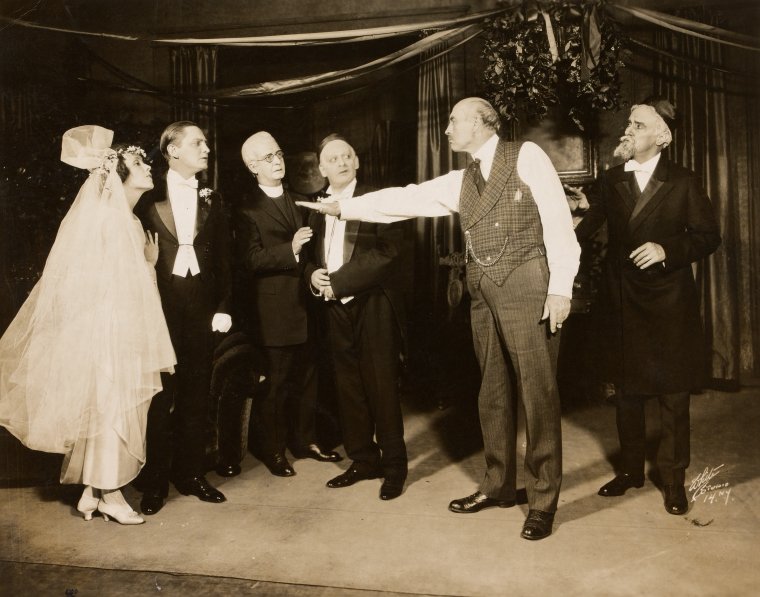 Marie Carroll, Robert Williams, Harry Bradley, Alfred White, John Cope and Howard Lang in scene from Abie's Irish Rose. Credit: Billy Rose Theatre Division, The New York Public Library.